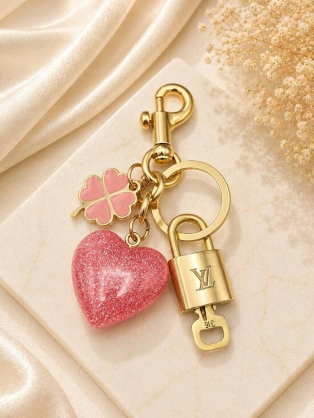 Authentic Louis Vuitton Gold Lock & Key ✨ Unbranded Heart Bag Charm Keychain